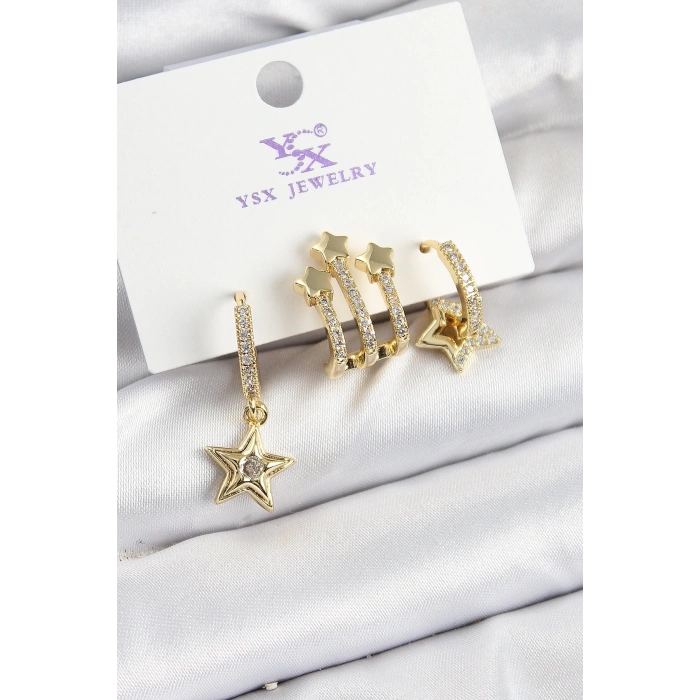 Pirinç Zİrkon Taşlı Sallantılı Yıldız Model Gold Renk 3lü Kadın Küpe