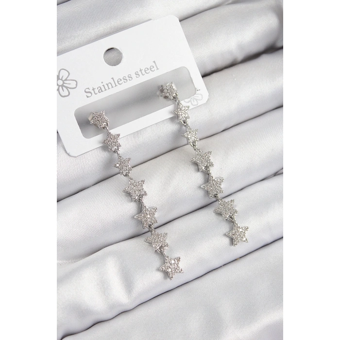 Pirinç Zirkon Taşlı Sallantılı Yıldız Model Gümüş Renk Kadın Küpe