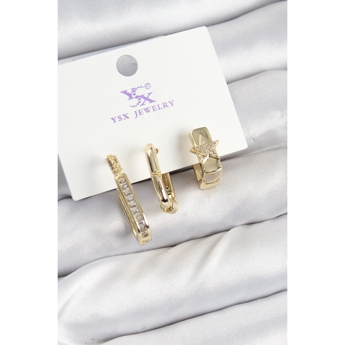 Pirinç Zİrkon Taşlı Yıldız Model Gold Renk 3lü Kadın Küpe