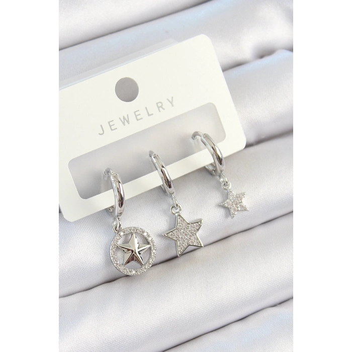 Pirinç Zirkon Taşlı Yıldız Model Gümüş Renk 3lü Çift Kadın Küpe Set
