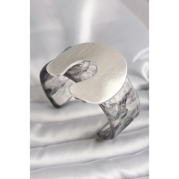 Siyah Mermer Desen Akrilik Plaka Vintage Kadın Bilezik