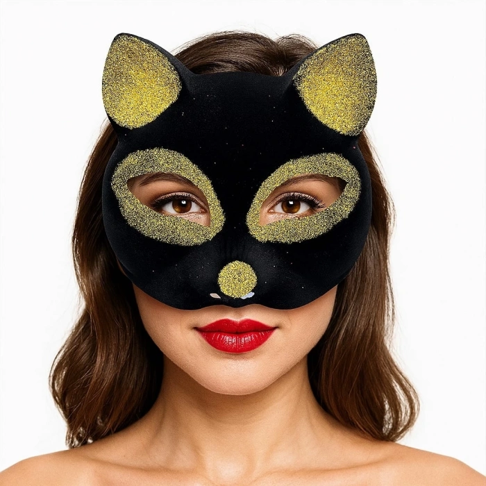   Siyah Renk Gold Simli Süet Kaplama Kedi Maskesi 18x14 cm