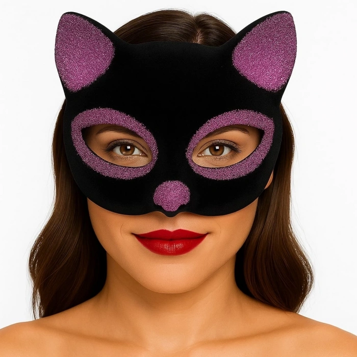 Siyah Renk Pembe Simli Süet Kedi Maskesi 18x14 cm