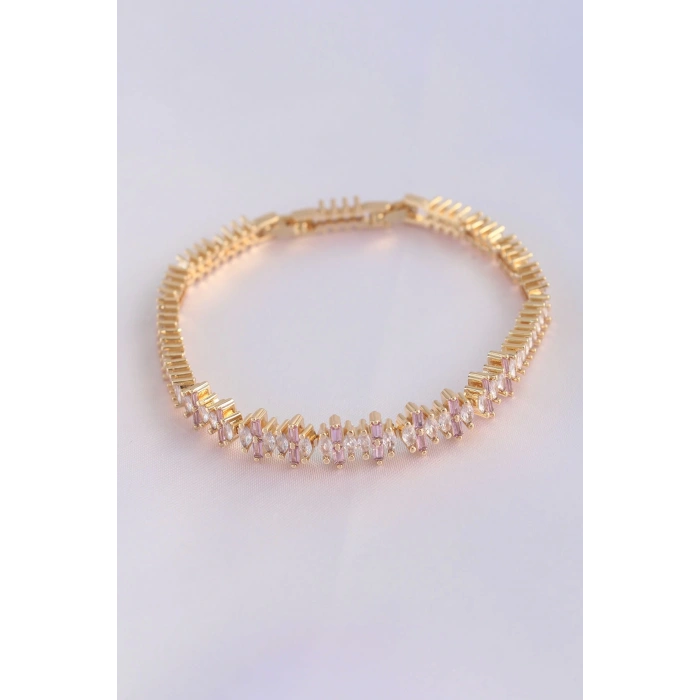 Vip Seri Pirinç Pembe Zirkon Taşlı Gold Renk Baget Model Bileklik