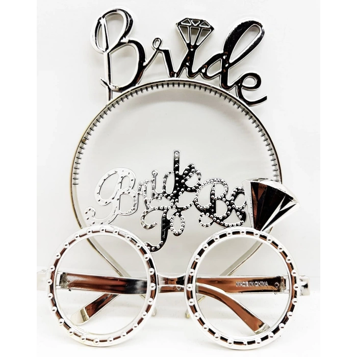 Bride Yazılı Taç ve Bride To Be Yazılı Gözlük Seti Gümüş Renk (5047)