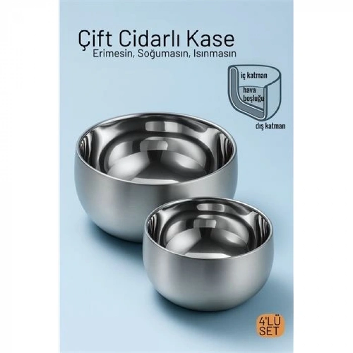 Mey İthalat® Çift Cidarlı Isı Yalıtımlı 4lü Lüks Kase Seti (16cm & 18cm) Premium 304 Paslanmaz Çelik