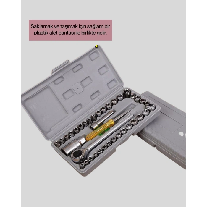 Mey İthalat® Dayanıklı Karbon Çelik 40 Parça Lokma ve Cırcır Anahtar Seti