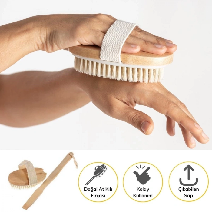 Doğal At Kılı Selülit Karşıtı Sapı Çıkabilen Ahşap Banyo Fırçası (5047)
