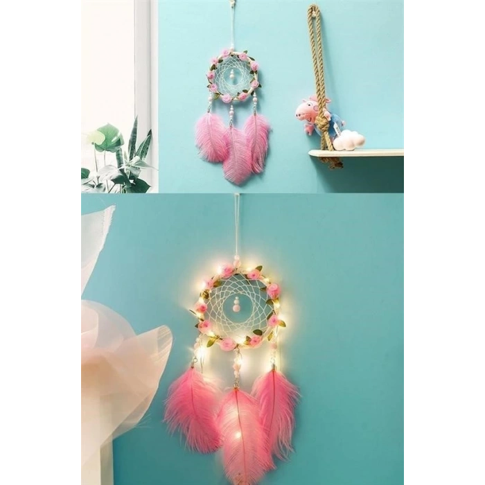 El Yapımı Kuş Tüyü ve Led Işıklı Dekoratif Asma Düş Rüya Kapanı