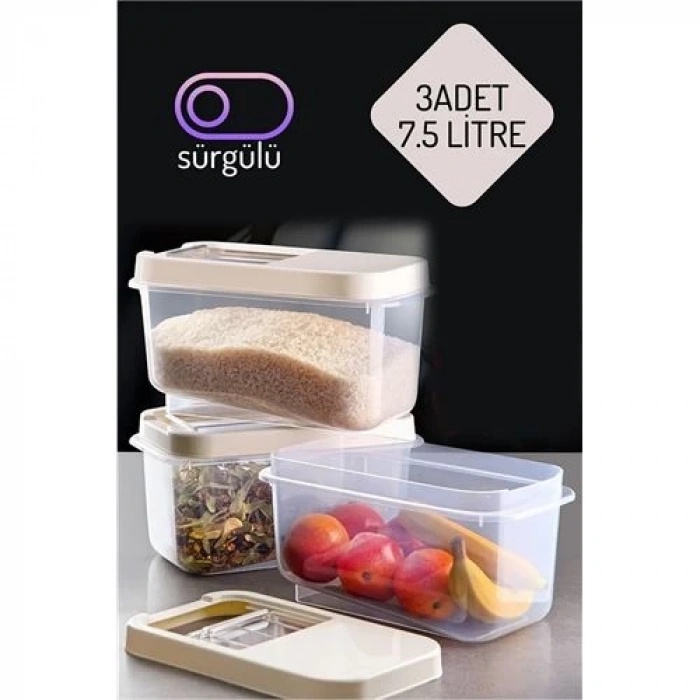 Erzak Bakliyat Saklama Kabı 3 lü Set 7.5 Lt Krem