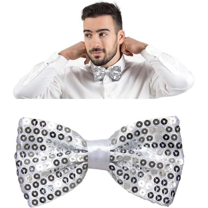 Gece Işıltısı Gümüş Payetli Pullu Papyon 7x2 cm