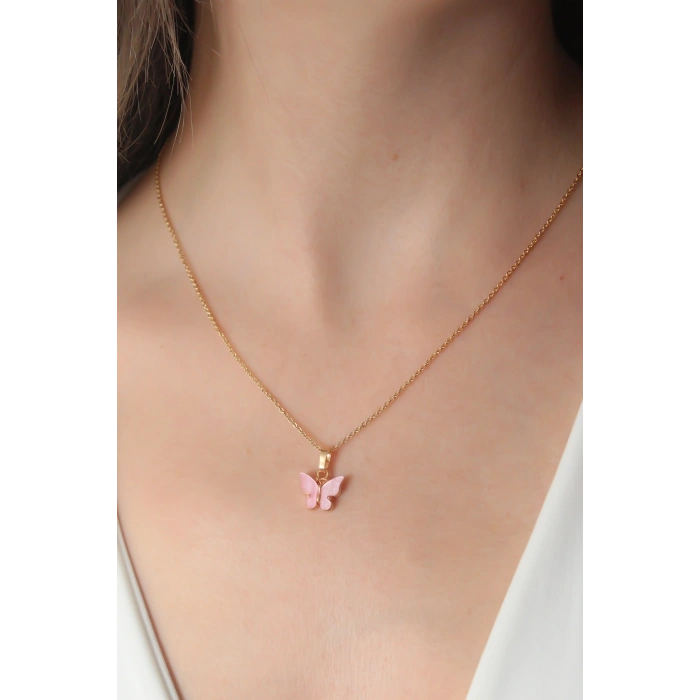 Mey İthalat® Gold Pembe Renk Kelebek Figür Kadın Kolye