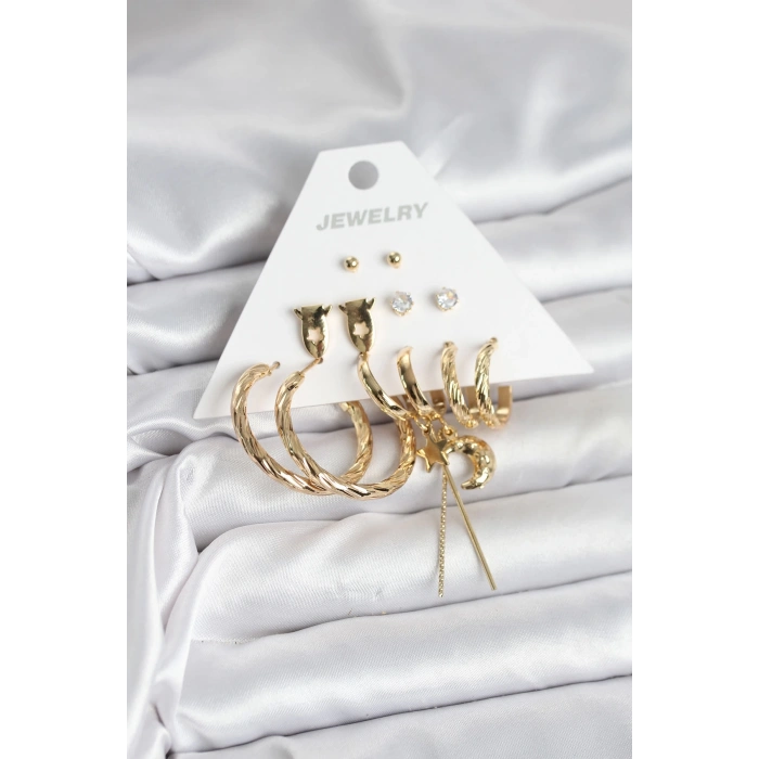 Gold Renk Pirinç 6lı Kadın Küpe Seti
