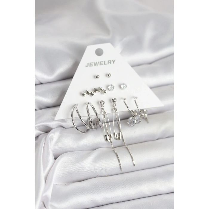 Gümüş Renk 6lı Pirinç Küpe Seti