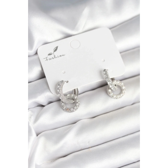 Gümüş Renk Pirinç Zirkon Taşlı Halka Model Kadın Küpe