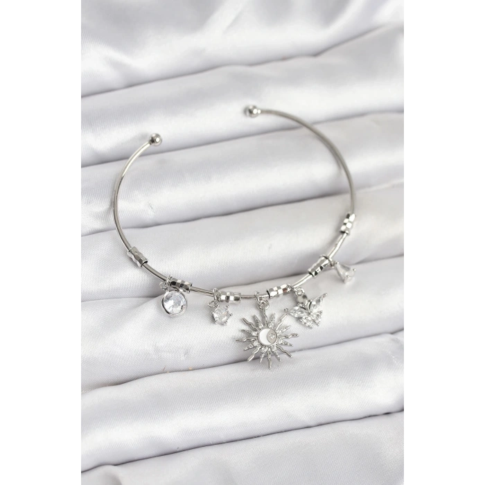 Güneş Charmlı Gümüş Renk Pirinç Kadın Bileklik