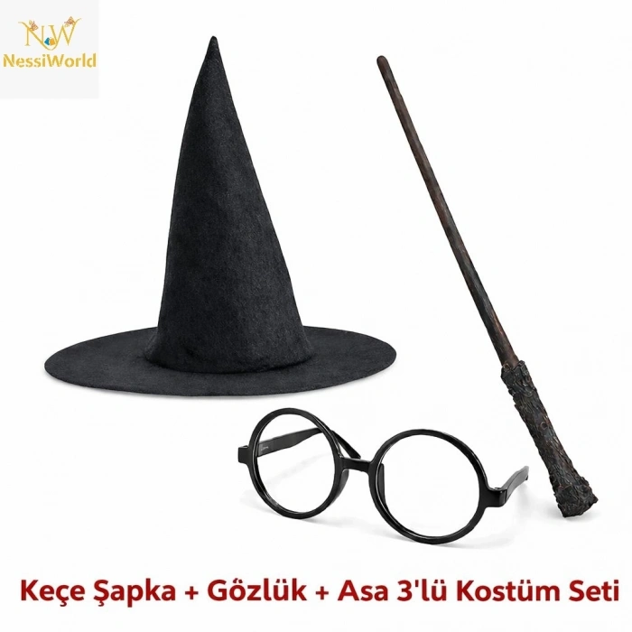 Mey İthalat® Çocuk Seti (Siyah Keçe Şapka, Asa, Gözlük)