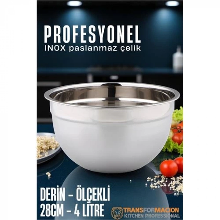 Inox Ölçekli Derin Kase  - 28 Cm 4 Litre Karıştırma Kabı Profesyonel 304 Paslanmaz Çelik 721844