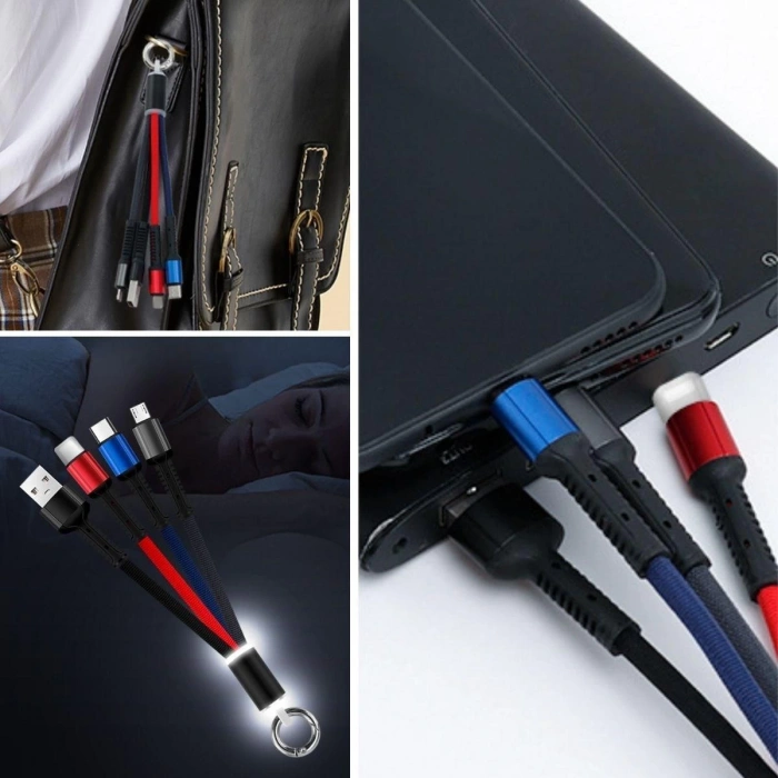 Işıklı Anahtarlık Model 3 in 1 USB Çıkışlı MİKRO,TYPE-C ve İphone Uyumlu Şarj Kablosu (5047)