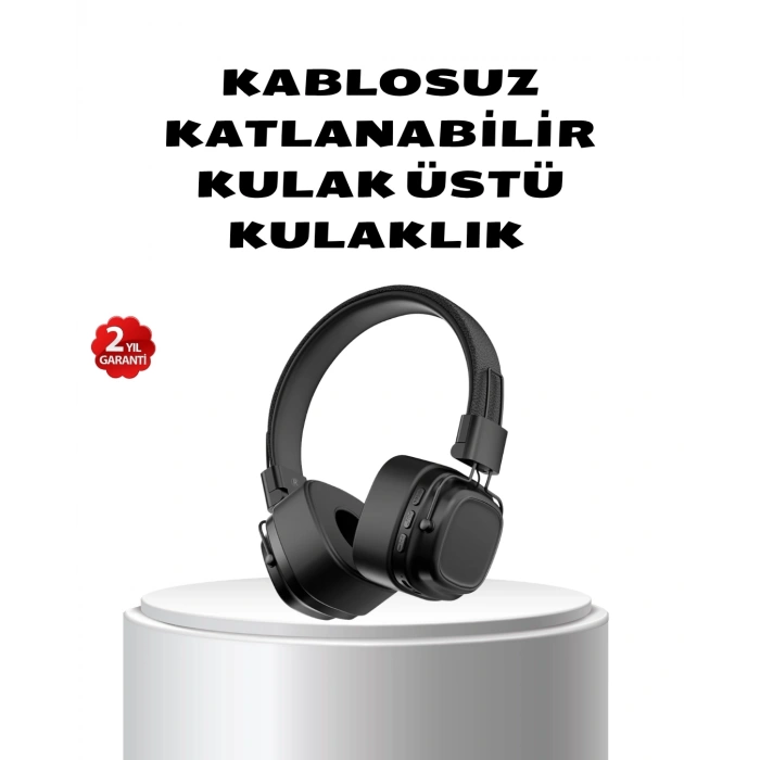 Mey İthalat® Kablosuz Kulak Üstü Bluetooth Kulaklık Güçlü Bas ve Katlanabilir Tasarım