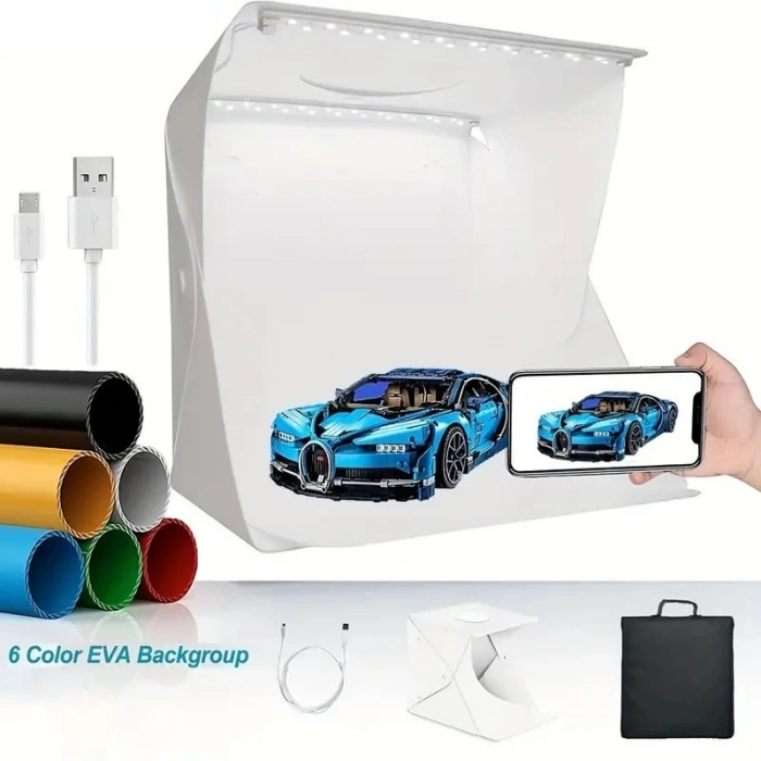 Katlanır Işıklı Fotoğraf Stüdyosu 40x40 cm 6 Renk Fonlu Ürün Çekimi İçin Uygun Fotoğraf Çekim Kutusu (5047)