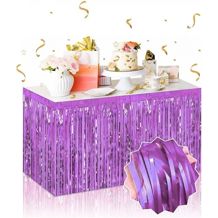 Kendinden Yapışkanlı Mor Metalize Püsküllü Masa Eteği – 75 x 275 cm Parti Süslemesi (5047)