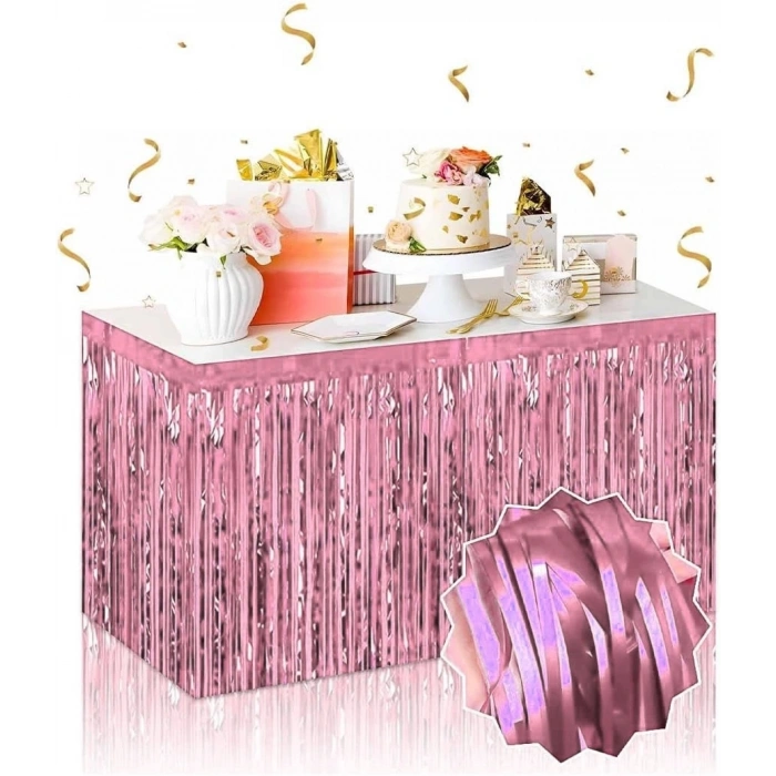Kendinden Yapışkanlı Rose Gold Metalize Püsküllü Masa Eteği – 75 X 275 Cm Parti Süslemesi