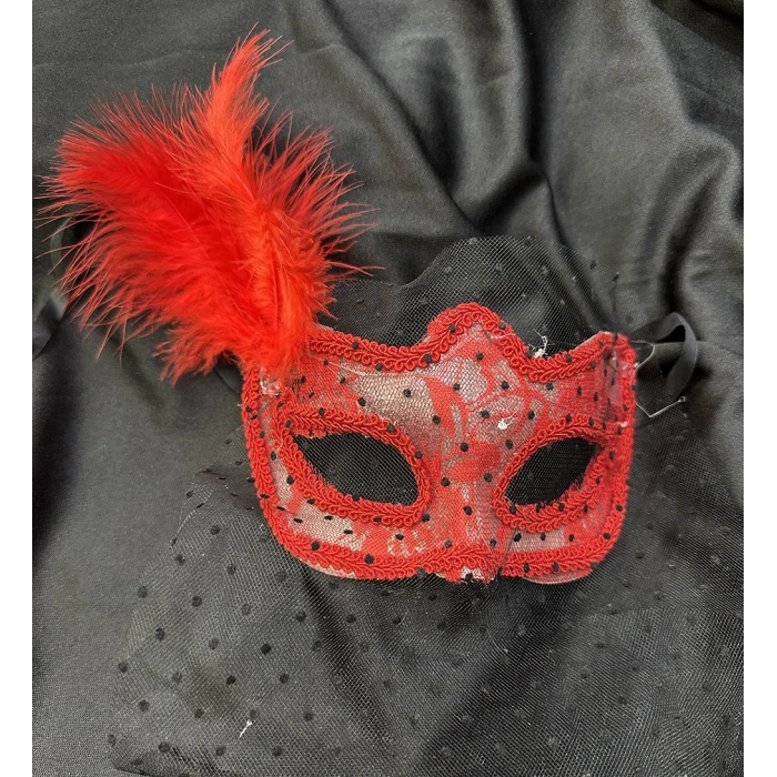 Kırmızı Renk Dantelli Duvaklı İncili Parti Maskesi Balo (5047)