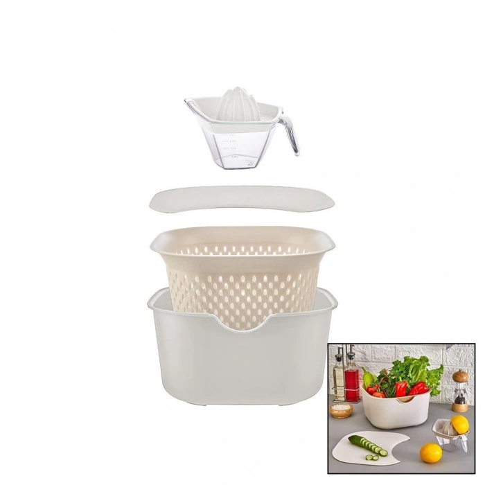 KREM 5PCS MUTFAK SETİ PLS.KARIŞTIRMA KAP=4LT - SÜZGEÇ=3.5LT - KESİM PANO - SIKACAK=0.25LT (5047)