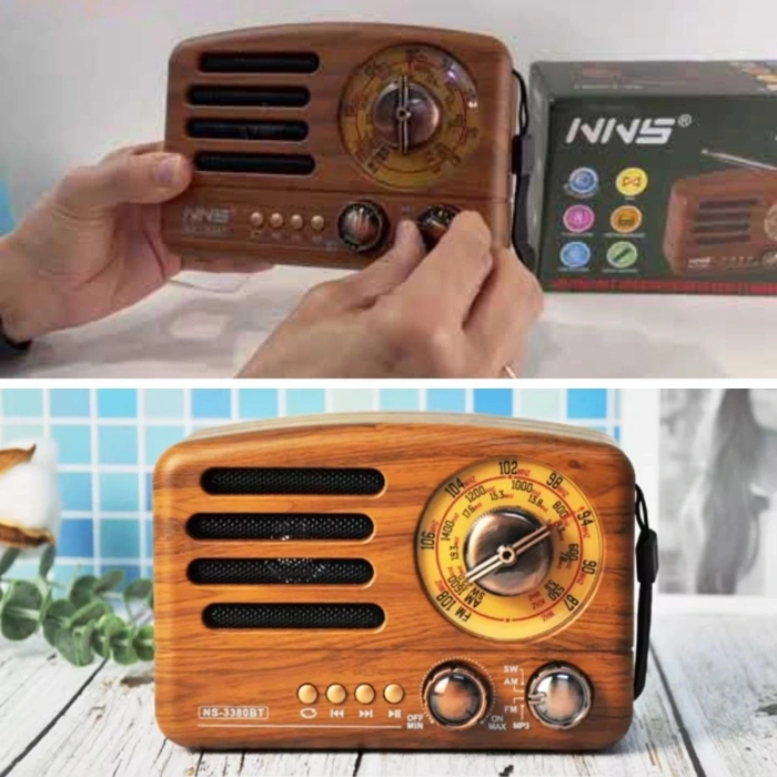 Küçük Boy Retro, Nostaljik, Ahşap Tasarım Bluetooth Hoparlörlü, Şarjlı, Taşınabilir Büyük Döndürülebilen Düğmeli FM/AM Destekli Radyo NS3380 (5047)