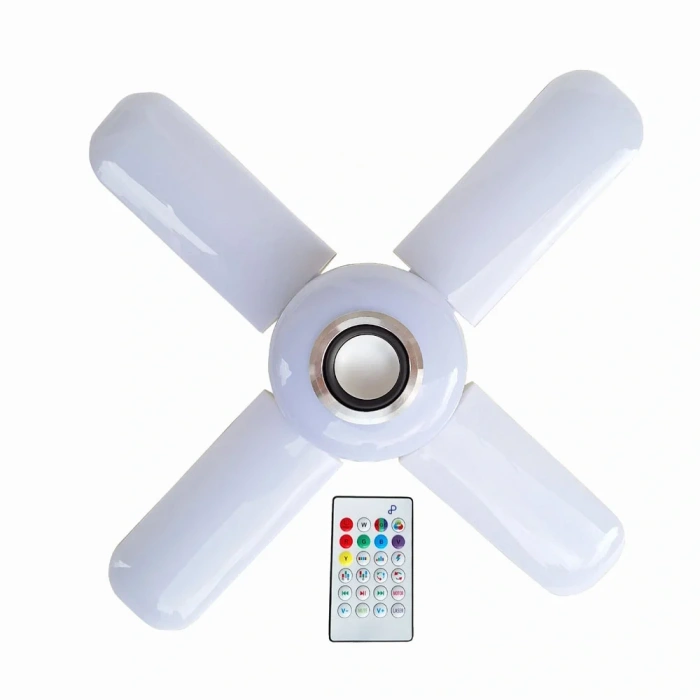 Lamba 4 Kanatlı E27 Duya Takılan Kumandalı Katlanabilir Led Müzik Lamba Işığı Avize Bluetooth Hoparlör (5047)