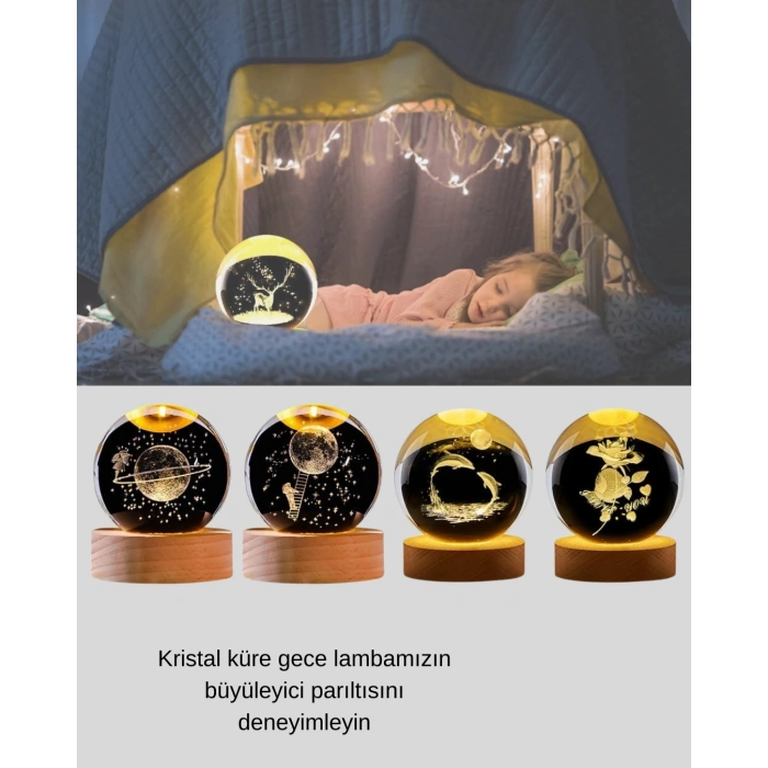 Mey İthalat® Lazer İşlemeli Yunus Kristal Küre Sıcak Işıklı Ahşap Standlı