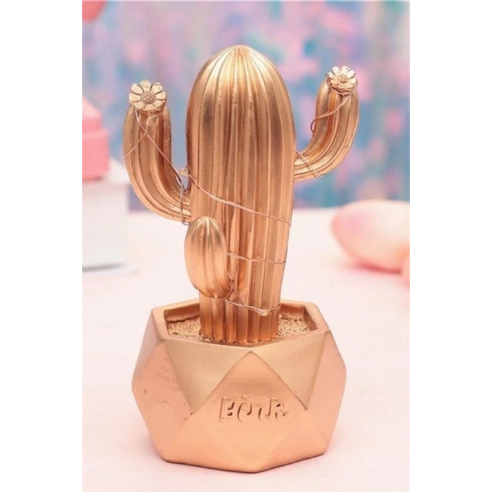 Led Işıklı Sevimli Kaktüs Dekoratif Masa ası Mini Biblo Gece ası-GOLD