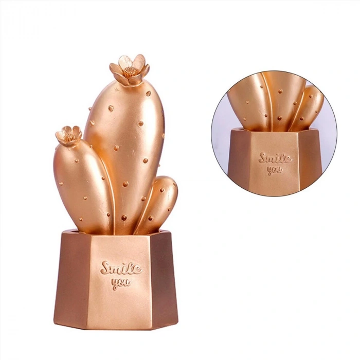 Led Işıklı Sevimli Kaktüs Dekoratif Masa Lambası Mini Biblo Gece Lambası Gold (5047)