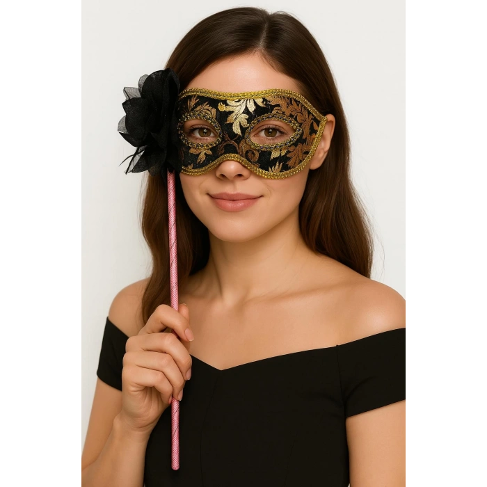Lüks Taşlı Saplı Maskeli Balo Maskesi Siyah Renk 35 cm (5047)