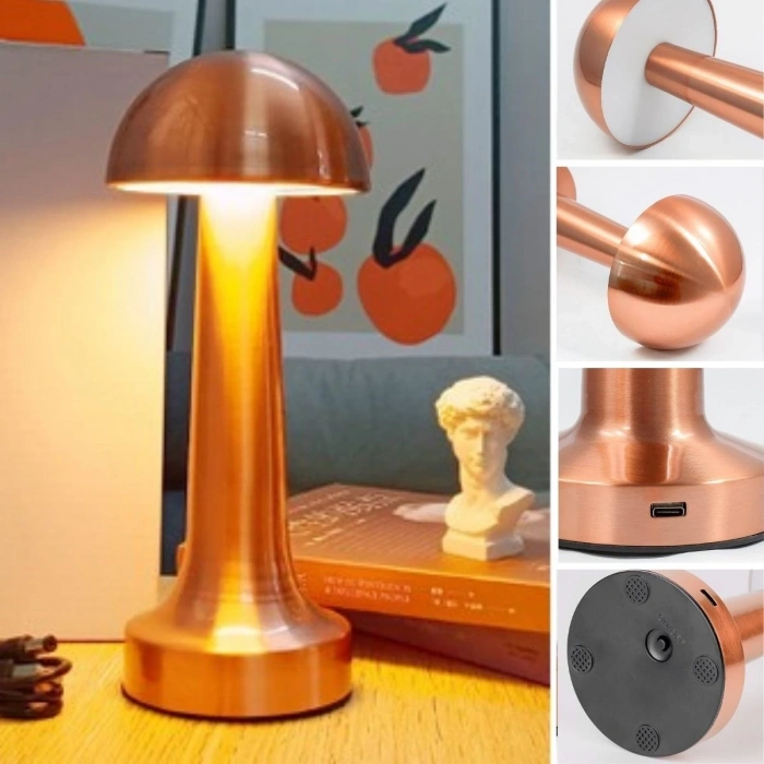 Mantar Model Bronz Renk Şarjlı Dokunmatik 3 Renkli LED Masa ası