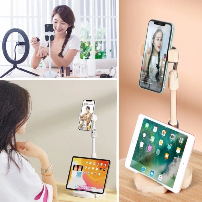 Masa Üstü Tablet ve Telefon Tutucu Plastik Aparat Beyaz Telefon Standı (5047)