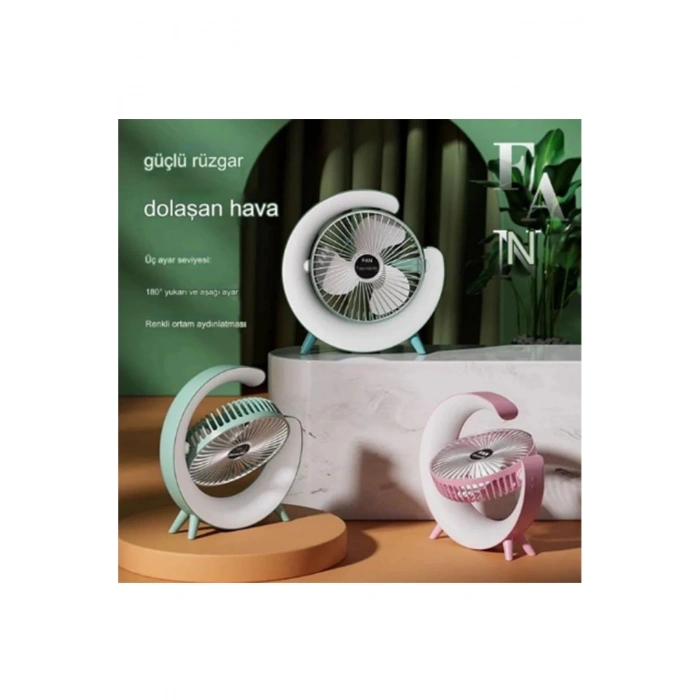 Masaüstü Vantilatör Usb Şarjlı Rgb Led Işıklı 3 Kademeli 180° Ayarlanabilir Soğutucu Fan Mavi
