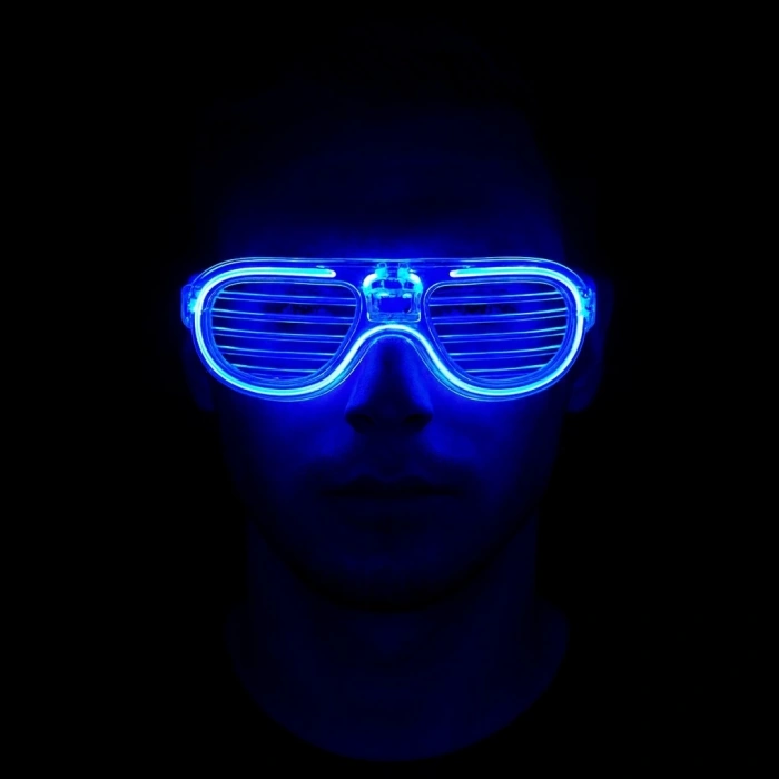 Mavi Led Işıklı Parti Gözlüğü - Neon Glow Şerit Gözlük 3 Modlu