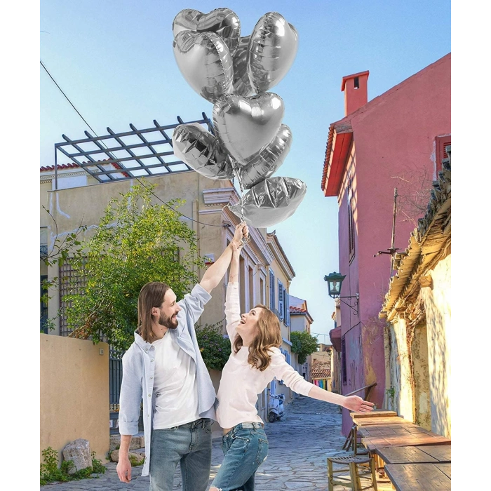 Metalize Parlak Gümüş Kalp Şekilli Uçan Balon Folyo 18 inç 45 cm 10 Adet (5047)