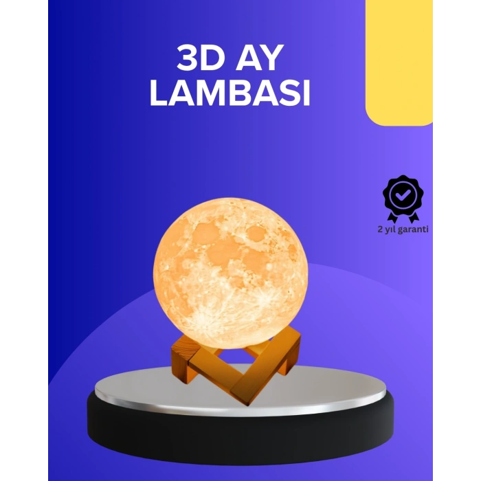 Mey İthalat® 16 Renkli 3D Baskılı Ay Lambası Ahşap Standlı