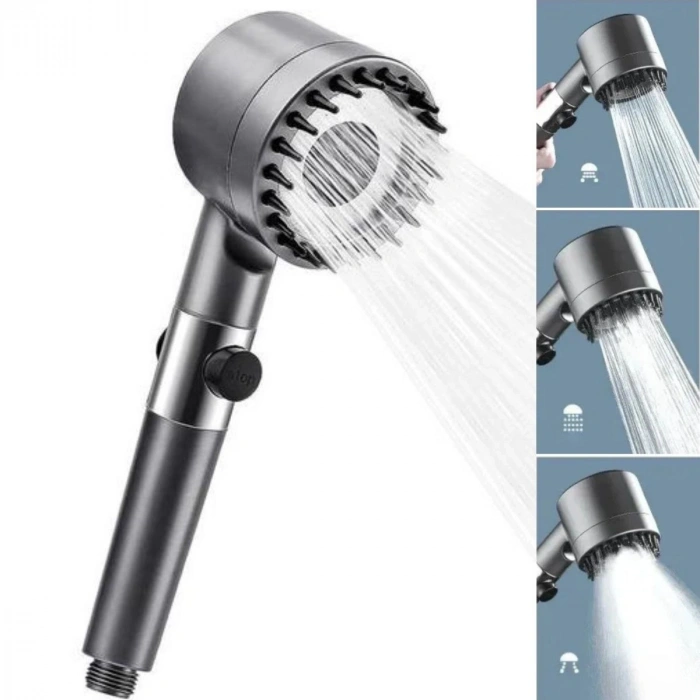 Mey İthalat®  3 Kademeli Turbo Basınçlı Masaj Başlıklı Silikon Fırçalı Duş Başlığı – Yüksek Basınçlı Su Tasarruflu Duş Başlığı