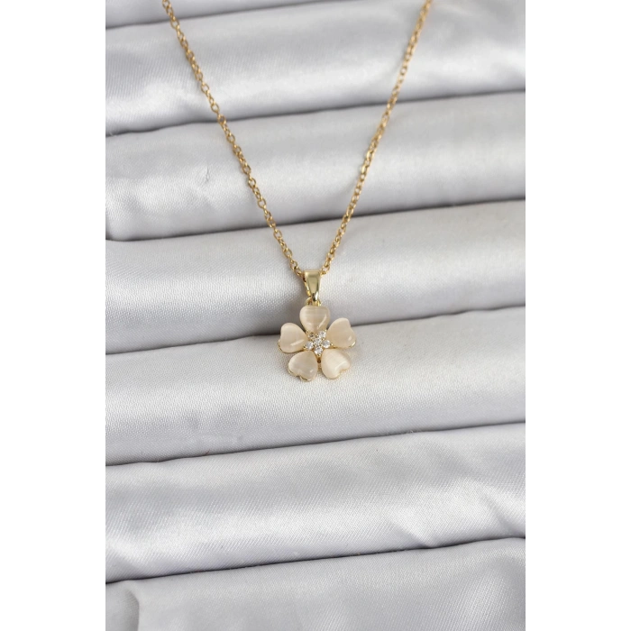 Mey İthalat® 316L Çelik Zincir Gold Renk Yonca Model Kadın Kolye