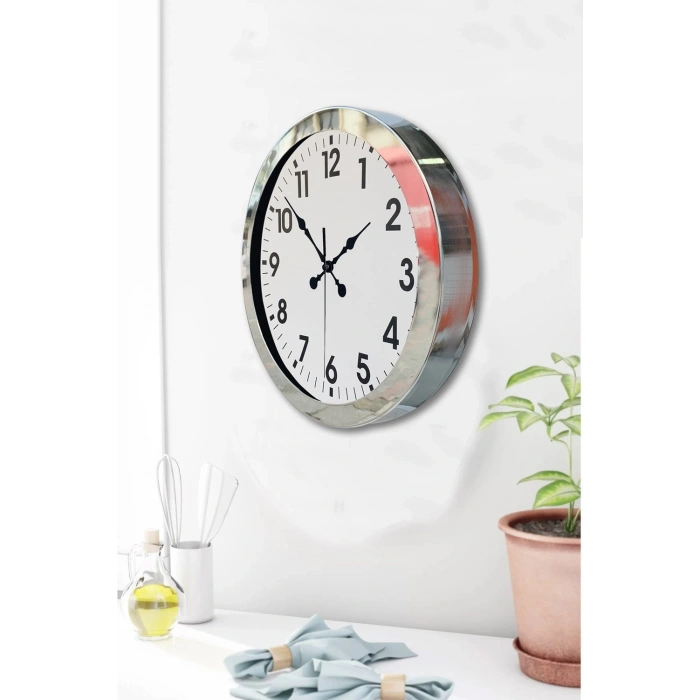 Mey İthalat® 36 cm Krom Metal Standart Duvar Saati