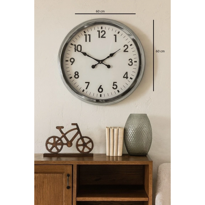 Mey İthalat® 60 cm Krom Metal Duvar Saati