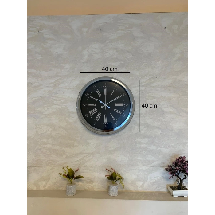 Mey İthalat® Dark Elegance 40 Cm Metal Krom Duvar Saati