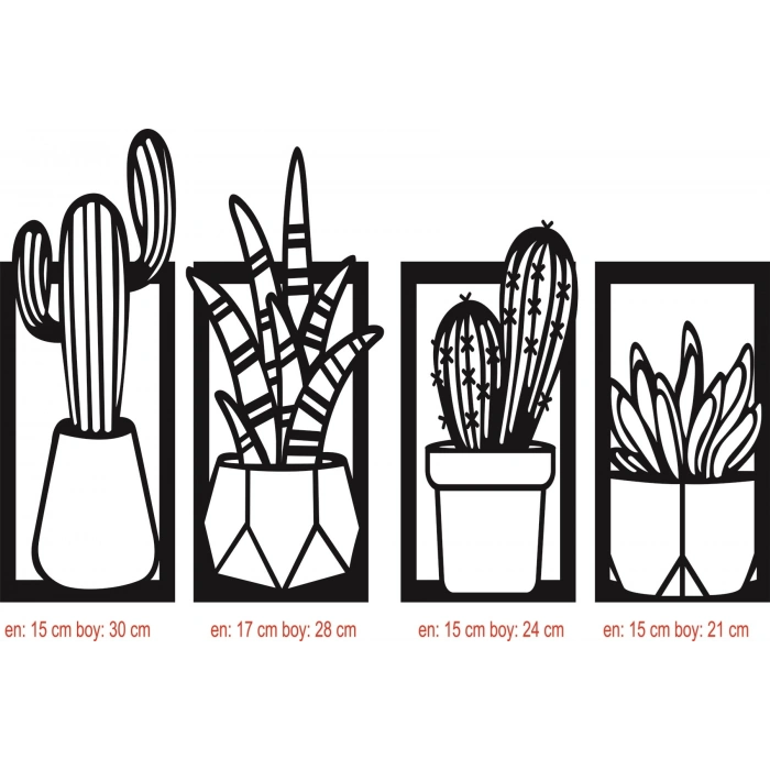 Mey İthalat® Kaktüs Çerçeve Serisi – Ahşap Duvar Dekoru (4’lü Set)