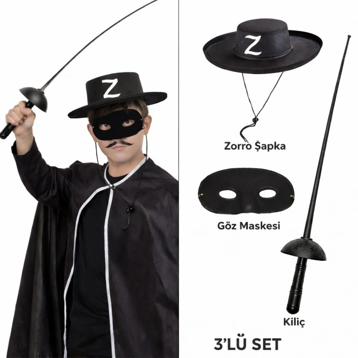 Mey İthalat®  Kostüm Seti 3’lü Çocuk – Şapka, Maske ve Kılıç