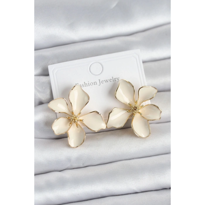 Mey İthalat® Krem Mineli Çiçek Model Pirinç Kadın Küpe