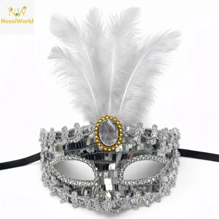 Mey İthalat® Lüks Gümüş Tüylü Taşlı Balo Maskesi